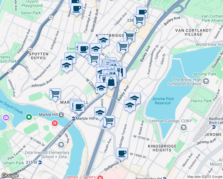 map of restaurants, bars, coffee shops, grocery stores, and more near 171 West 230th Street in Bronx