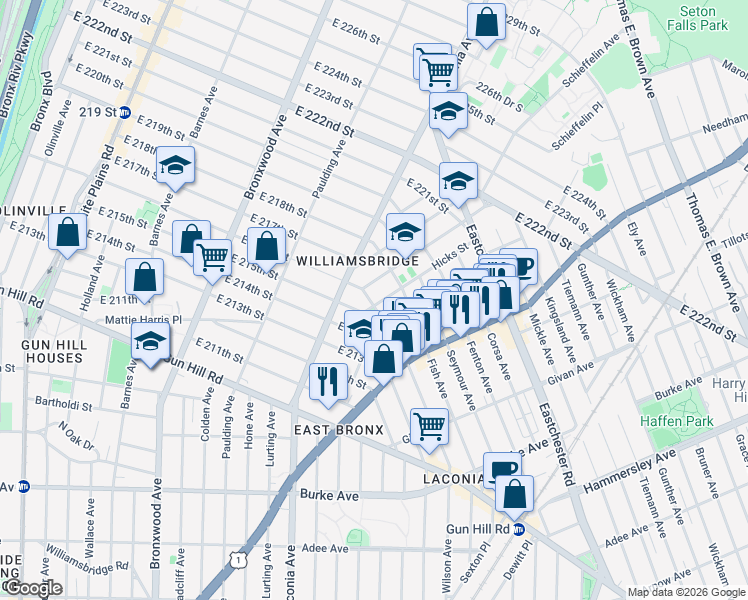 map of restaurants, bars, coffee shops, grocery stores, and more near 1303 Needham Avenue in Bronx