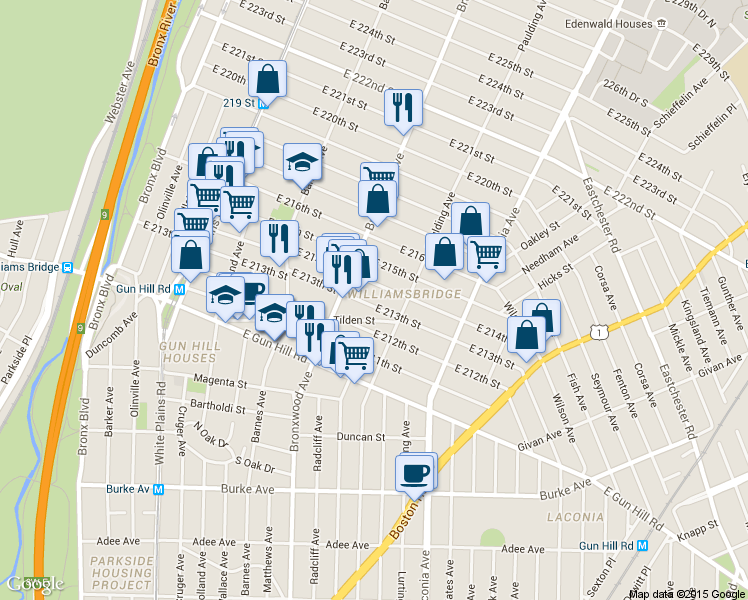 map of restaurants, bars, coffee shops, grocery stores, and more near 912 East 214th Street in Bronx
