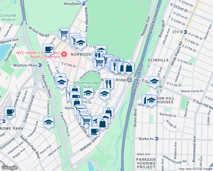 map of restaurants, bars, coffee shops, grocery stores, and more near 3335 Perry Avenue in The Bronx