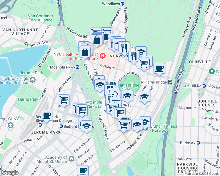 map of restaurants, bars, coffee shops, grocery stores, and more near 3300 Bainbridge Avenue in Bronx