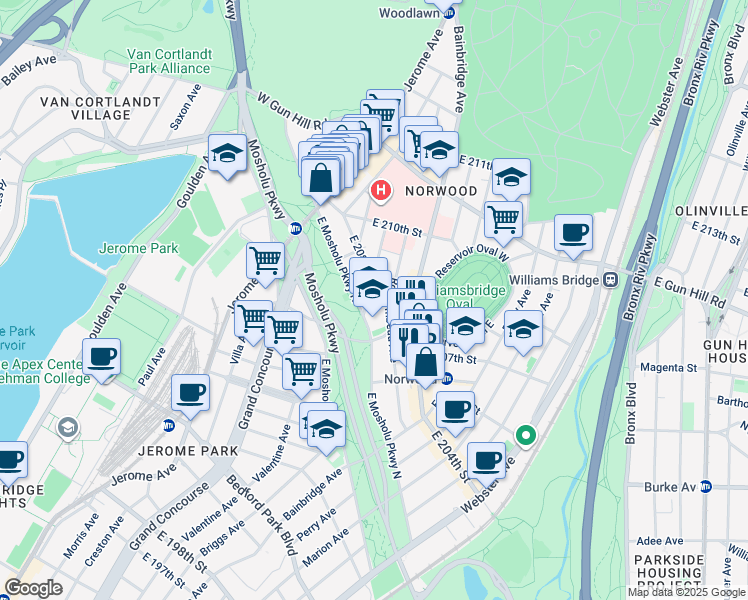 map of restaurants, bars, coffee shops, grocery stores, and more near 106 East 208th Street in The Bronx