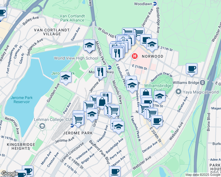 map of restaurants, bars, coffee shops, grocery stores, and more near b18 East Mosholu Parkway South in Bronx