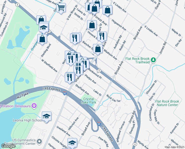 map of restaurants, bars, coffee shops, grocery stores, and more near 111 Rockwood Place in Englewood