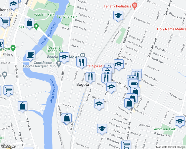 map of restaurants, bars, coffee shops, grocery stores, and more near 348 Leonia Avenue in Bogota