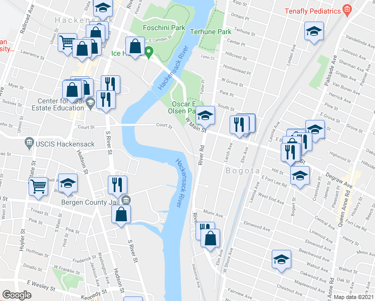 map of restaurants, bars, coffee shops, grocery stores, and more near 320 River Road in Bogota