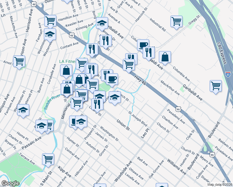 map of restaurants, bars, coffee shops, grocery stores, and more near 100 Church Street in Lodi