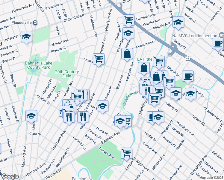 map of restaurants, bars, coffee shops, grocery stores, and more near 45 Willard Street in Lodi