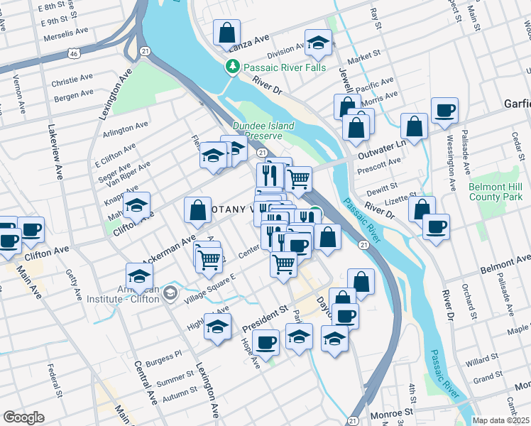map of restaurants, bars, coffee shops, grocery stores, and more near 93 Randolph Avenue in Clifton