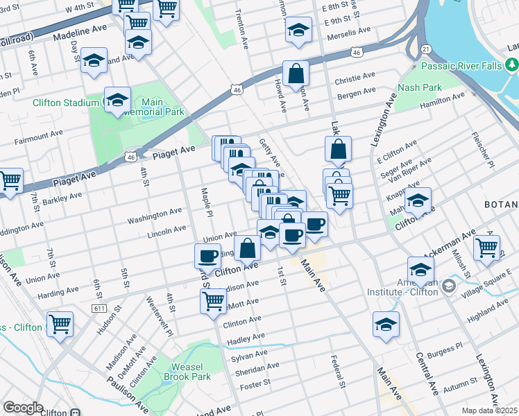 map of restaurants, bars, coffee shops, grocery stores, and more near 1232 Main Avenue in Clifton
