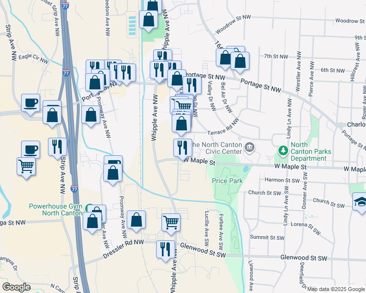 map of restaurants, bars, coffee shops, grocery stores, and more near 6602 Wise Avenue Northwest in North Canton