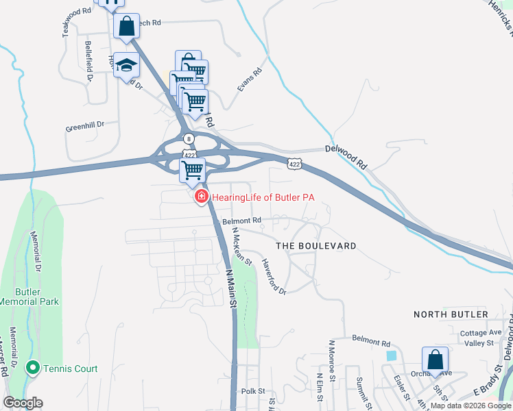 map of restaurants, bars, coffee shops, grocery stores, and more near 113 Summer Street in Butler