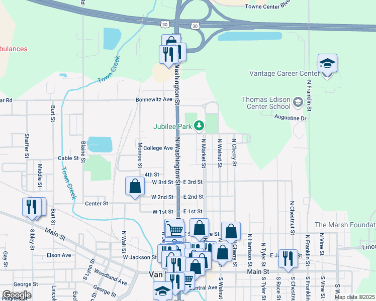map of restaurants, bars, coffee shops, grocery stores, and more near 678 North Washington 680 Street in Van Wert