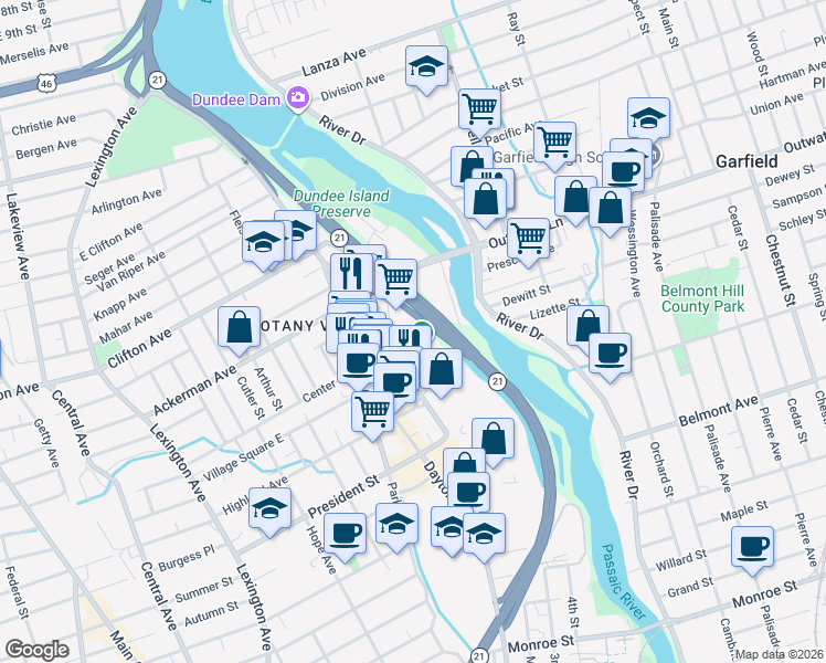 map of restaurants, bars, coffee shops, grocery stores, and more near 85 Ackerman Avenue in Clifton