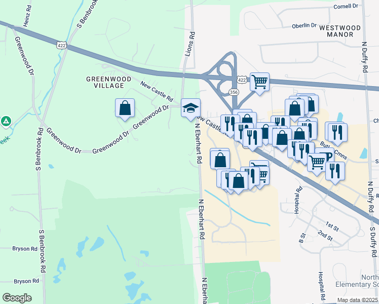 map of restaurants, bars, coffee shops, grocery stores, and more near 177 North Eberhart Road in Butler
