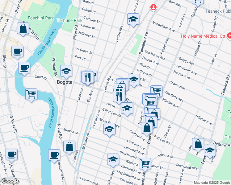 map of restaurants, bars, coffee shops, grocery stores, and more near 48 East Broad Street in Bogota