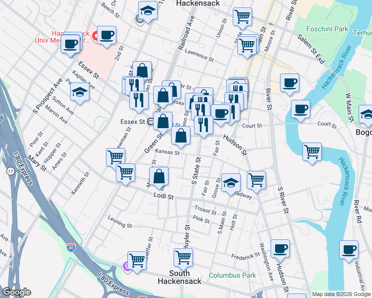 map of restaurants, bars, coffee shops, grocery stores, and more near 95 Essex Street in Hackensack