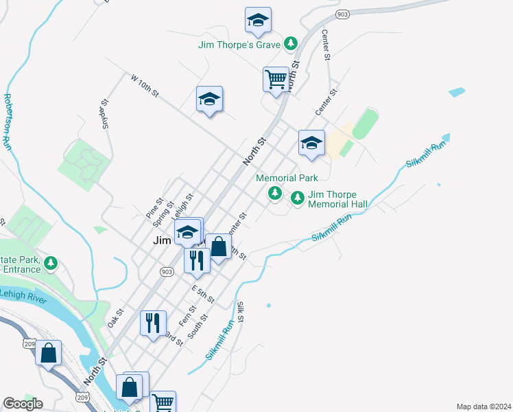 map of restaurants, bars, coffee shops, grocery stores, and more near 828 Center Street in Jim Thorpe
