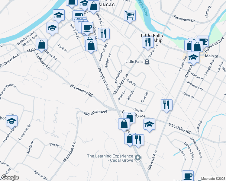 map of restaurants, bars, coffee shops, grocery stores, and more near 14 A Montclair Avenue in Cedar Grove