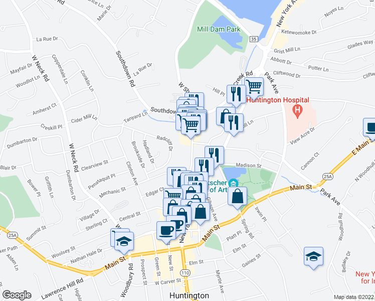 map of restaurants, bars, coffee shops, grocery stores, and more near 197 Wall Street in Huntington