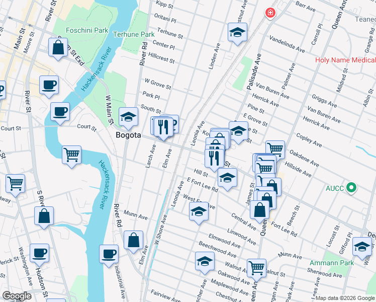 map of restaurants, bars, coffee shops, grocery stores, and more near 348 Leonia Avenue in Bogota