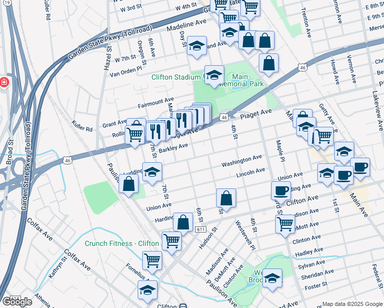 map of restaurants, bars, coffee shops, grocery stores, and more near 18 Montgomery Street in Clifton