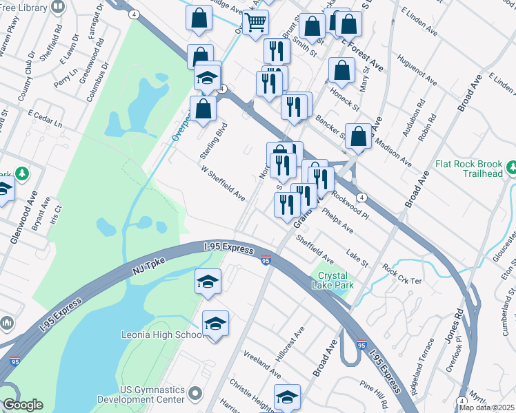 map of restaurants, bars, coffee shops, grocery stores, and more near 5 Sheffield Avenue in Englewood