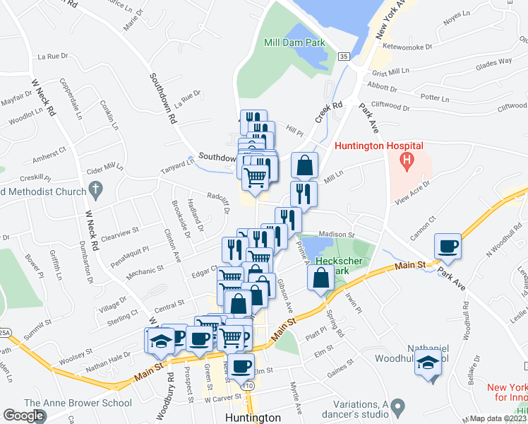 map of restaurants, bars, coffee shops, grocery stores, and more near 206 Wall Street in Huntington