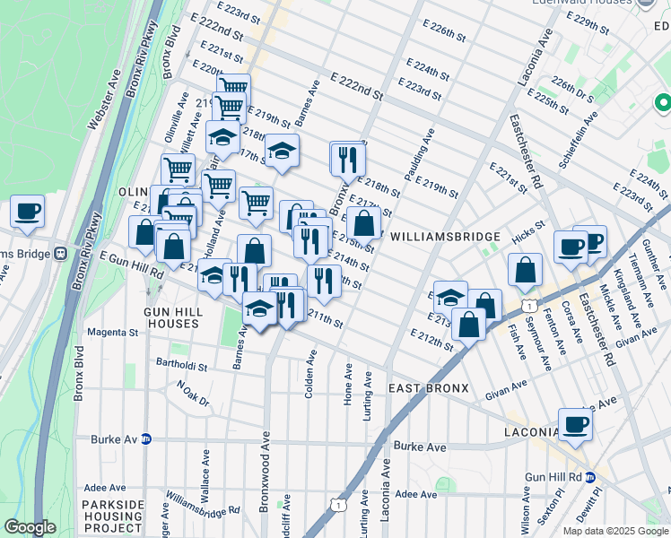map of restaurants, bars, coffee shops, grocery stores, and more near 912 East 214th Street in Bronx