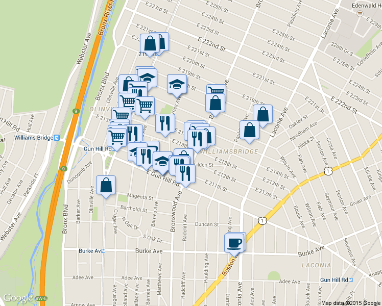 map of restaurants, bars, coffee shops, grocery stores, and more near 849 East 213th Street in Bronx