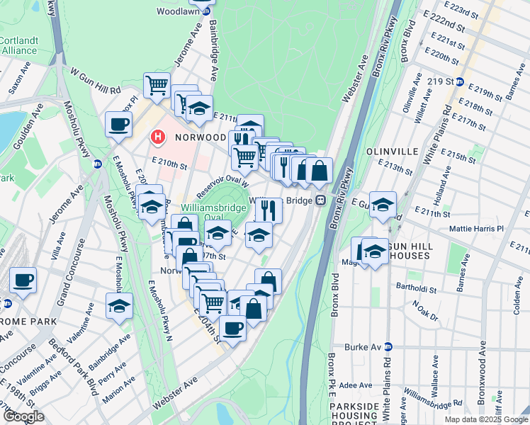 map of restaurants, bars, coffee shops, grocery stores, and more near 3335 Perry Avenue in The Bronx