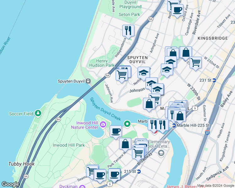 map of restaurants, bars, coffee shops, grocery stores, and more near in The Bronx