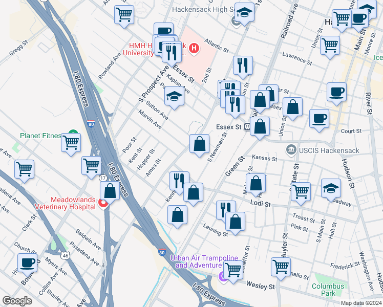 map of restaurants, bars, coffee shops, grocery stores, and more near 100 Polifly Road in Hackensack