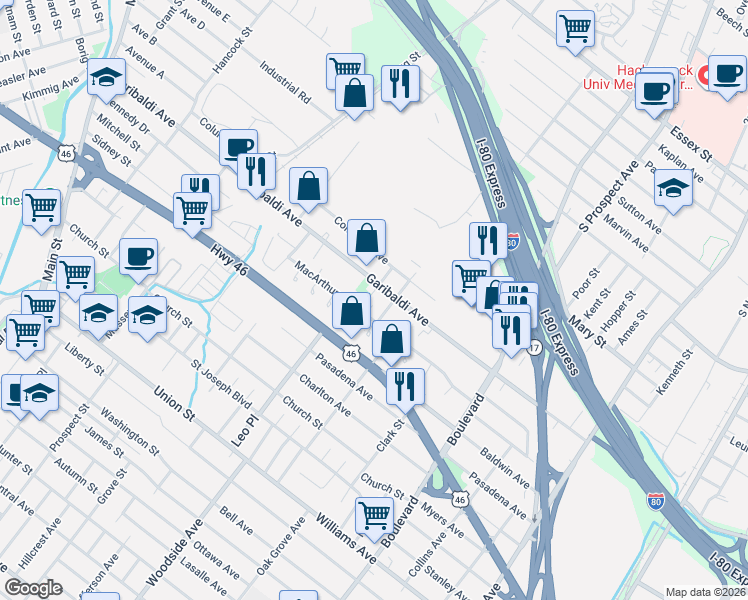 map of restaurants, bars, coffee shops, grocery stores, and more near Garibaldi Avenue in Lodi