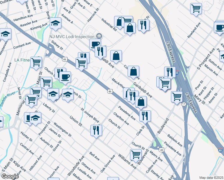 map of restaurants, bars, coffee shops, grocery stores, and more near 137 U.S. 46 in Lodi