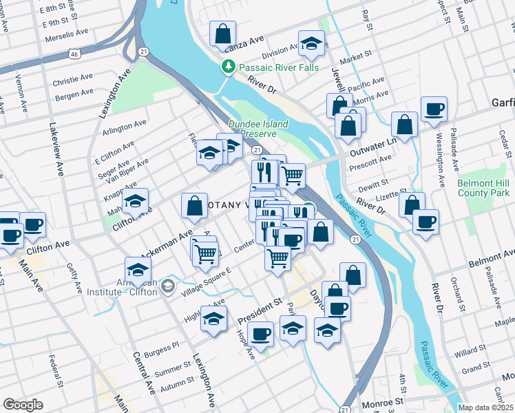 map of restaurants, bars, coffee shops, grocery stores, and more near 93 Randolph Avenue in Clifton