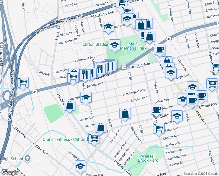 map of restaurants, bars, coffee shops, grocery stores, and more near 18 Montgomery Street in Clifton