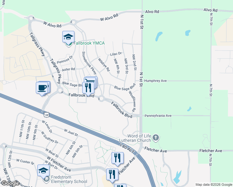 map of restaurants, bars, coffee shops, grocery stores, and more near 307 Blue Sage Boulevard in Lincoln