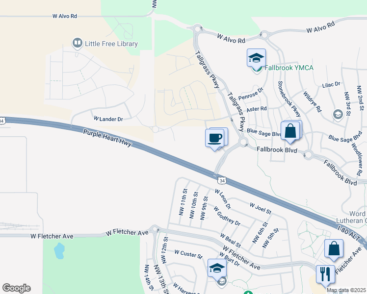 map of restaurants, bars, coffee shops, grocery stores, and more near 4450-5458 Purple Heart Highway in Lincoln