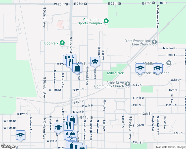 map of restaurants, bars, coffee shops, grocery stores, and more near 408 East 18th Street in York