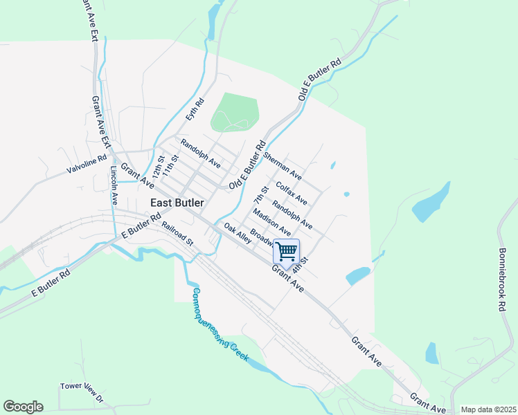 map of restaurants, bars, coffee shops, grocery stores, and more near 130 7th Street in East Butler