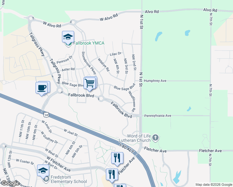 map of restaurants, bars, coffee shops, grocery stores, and more near 307 Blue Sage Boulevard in Lincoln