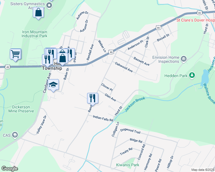 map of restaurants, bars, coffee shops, grocery stores, and more near 10 Clover Place in Mine Hill Township