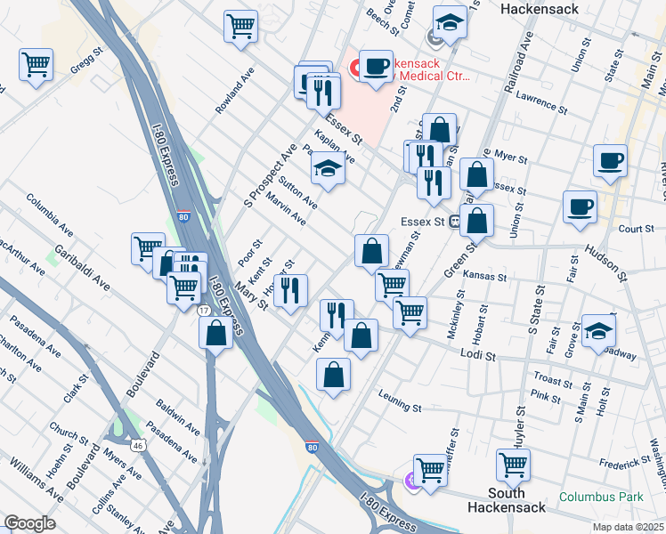 map of restaurants, bars, coffee shops, grocery stores, and more near 115 Polifly Road in Hackensack