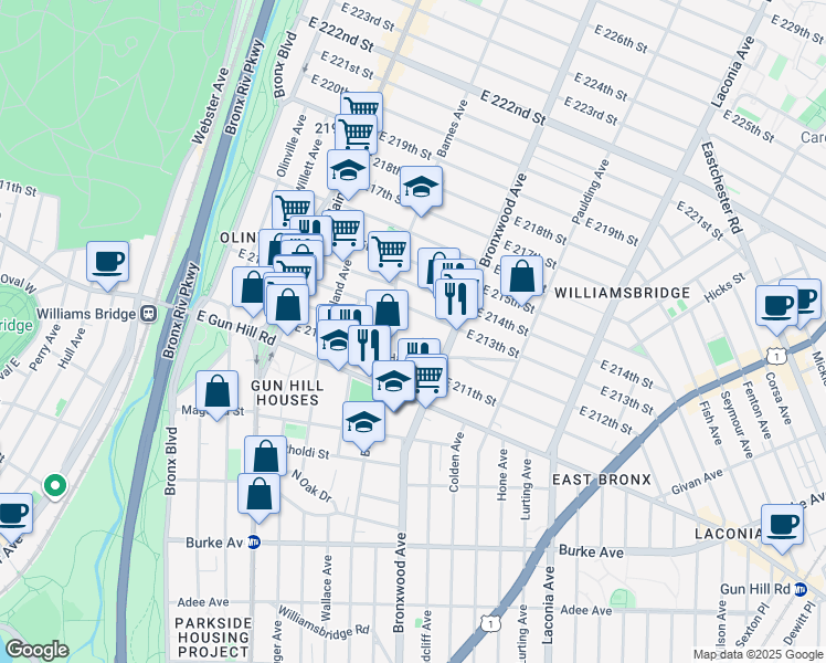 map of restaurants, bars, coffee shops, grocery stores, and more near 3537 Barnes Avenue in Bronx