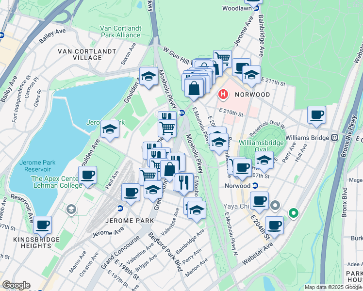 map of restaurants, bars, coffee shops, grocery stores, and more near 3224 Grand Concourse in Bronx
