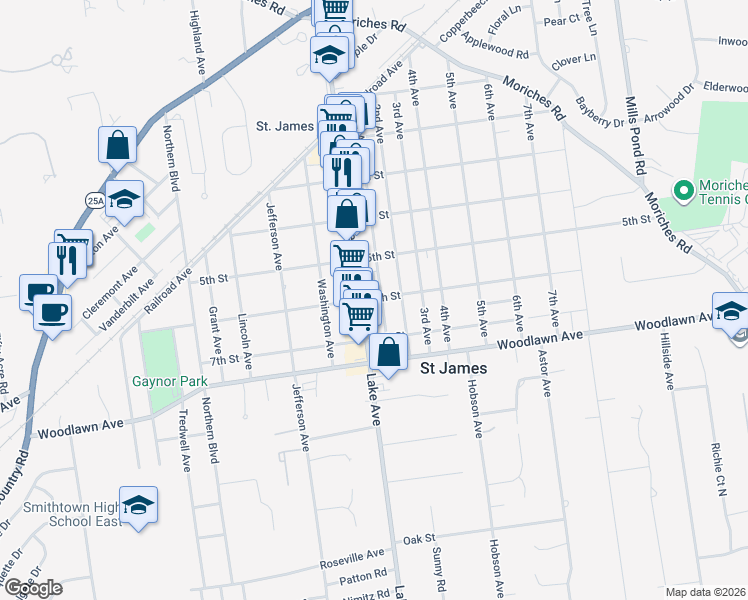 map of restaurants, bars, coffee shops, grocery stores, and more near 298 Lake Avenue in Saint James