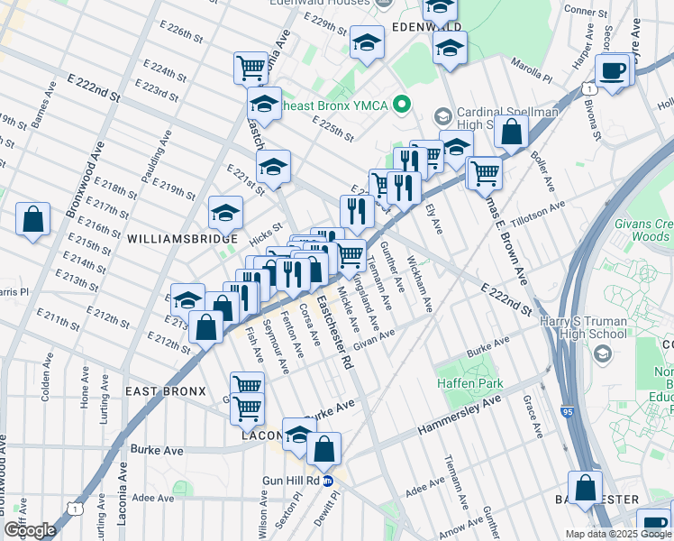 map of restaurants, bars, coffee shops, grocery stores, and more near 3545 Boston Road in Bronx