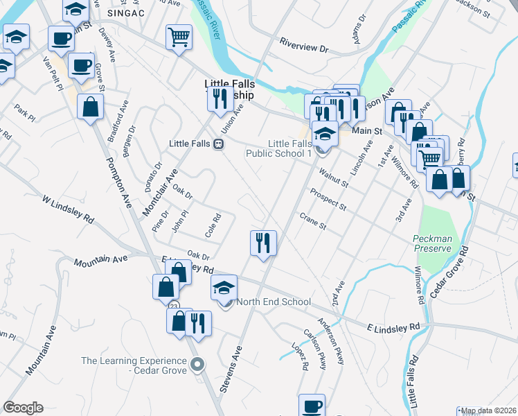 map of restaurants, bars, coffee shops, grocery stores, and more near 125 Center Avenue in Little Falls
