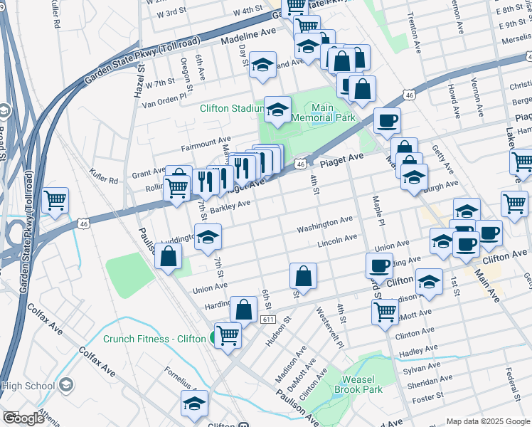 map of restaurants, bars, coffee shops, grocery stores, and more near 18 Montgomery Street in Clifton